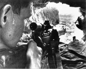 Lance Corporal John Tilley, Royal Marines in the Crater area, Aden, June 1967. He is equipped with a No. 4 MK. I (T) .303" sniper rifle. (from the book KILL SHOT p116)