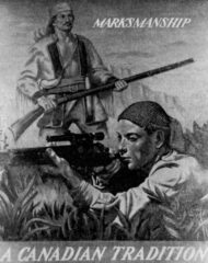 Two men with rifles. Modern one in front, pioneer one behind.