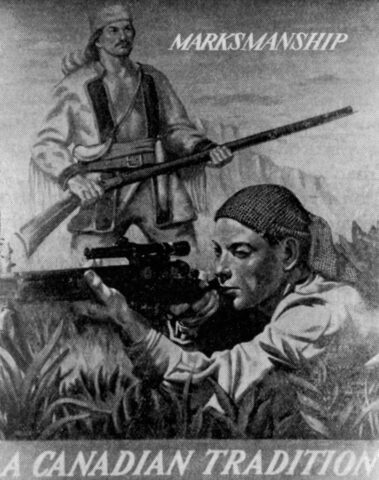 Two men with rifles. Modern one in front, pioneer one behind.