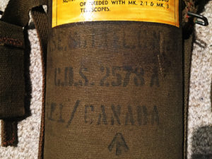 REL CANADA No8 MK2 scope case for C No. 32 MK. 3 scope Colin Stevens' Collection (4) - Stencilled marklings on front "CASE STG TEL No 8 MK. 2 / C.O.S. 2578 A / R.E.L. / CANADA / /|\ "