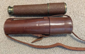 British Scout Regiment Telescope Mark II S. These were issued to sniper teams and were usually carried by the Observer. Most had a leather covering. This one has a later type of water resistant covering. Closed position.