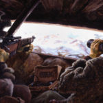 Sniper and obeserver in their hide, watching. Ted Zuber was a Canadian Army sniper during the Korean War. He worked up some paintings about the sniping later. In the 1991 Gulf War he was sent as an official Canadian War Artist.