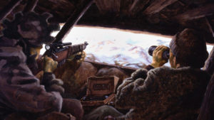 Sniper and obeserver in their hide, watching. Ted Zuber was a Canadian Army sniper during the Korean War. He worked up some paintings about the sniping later. In the 1991 Gulf War he was sent as an official Canadian War Artist.
