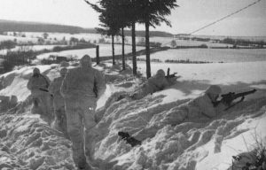 British 6th Airborne Division combat patrol. Providing covering fire if needed, Bren gunner on left and sniper on right