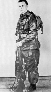 Harry Furness, a British sniper late in WWII . He has his No. 4 MK. I (T) and is wearing a British two-piece windproof camouflage suit. (OON p245)