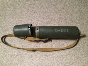 Carrying case for Telescope, Observing, Sniper's C MK. I made by Research Enterprises Limited in Ontario Canada, 1945. Cap detached.