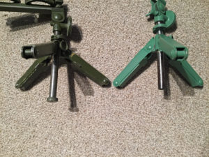 Stands, Instrument C No. 47 MK. I made by R.E.L. 1945. On left 1945 dated example serial number 411-C. On right in light green, no serial number. Note that the one on the right does NOT have the knob on the bottom of the centre post, and the opening joint sealed.