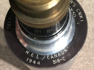 Telescope Observing Sniper's C MK I markings. "R.E.L. / CANADA"; next line "1944 318-C"