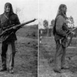 WWII British sniper wearing camouflaged Denison smock. faceveil on head and carrying No. 4 (T) sniper rifle with No. 32 scope. Smock was designed for airborne troops and has a crotch strap which keeps smock from riding up WBSTTR - Shore 1948 fp 103