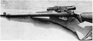 WWII British No. 4 (T) sniper rifle with No. 32 scope and special sniping butt. This is likely a Canadian Long Branch made rifle. WBSTTR - Shore 1948 fp 183