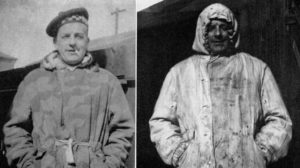 German camouflage jacket worn normally, The camouflage is in a blotched pattern of brown and green. On the right is the same jacket worn reversed, for use in snow. WWII British snipers WBSTTR - Shore 1948 fp 294