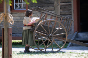 Fort Nisqually Brigade Days 2016 AUG (104) - Putting the supplies into the storehouse.