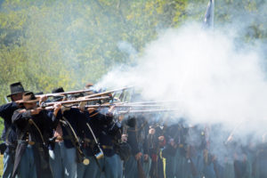 # 530 - Union volley. Soliders fire their rifles together at the same time.