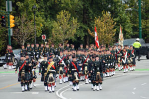 The Seaforth Highlanders of Canada coming off Cornwall onto Burrard Street after marching from Jericho.