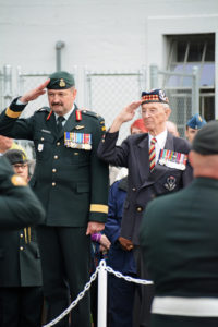 Taking the salute. Brigadier R. MacKenzie, OMM, CD and Lieutenant Colonel Dave Fairweather, CD. (Retired),