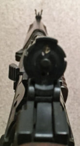 FN C1A1 sniper rifle with scope removed and rear sight raised. The iron sights could be used once the scope was removed.