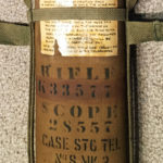 British made 1944-1946 period canvas Scope "Case Sighting Telescope No. 8 MK. 2. This shows the rifle number K33577 (painted over original number X35007) and scope number 28557. Optical Stores number "OS 2578A" Made by "F LTD. "