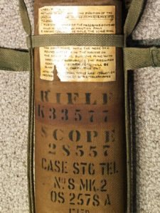 British made 1944-1946 period canvas Scope "Case Sighting Telescope No. 8 MK. 2. This shows the rifle number K33577 (painted over original number X35007) and scope number 28557. Optical Stores number "OS 2578A" Made by "F LTD. "