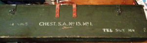 Small Arms Chest No. 15 MK. I for the No. 4 MK. I (T) sniper rifle. Showing the markings on the front.