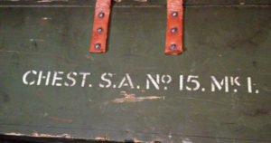 Small Arms Chest No. 15 MK. I for the No. 4 MK. I (T) sniper rifle. Centre portion of markings on front.