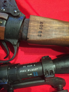 No, 32 MK. III scope. Maker AK&S. Serial number 28557. Blue "B" "Bloomed" mark. The matching rifle shows the M47C 1944 rifle SN K33577. The butt has the scope serial number 28557 stamped on it. The rifle serial number, less the letter prefix, is stamped on the ledge which is hidden when the butt is in the rifle.