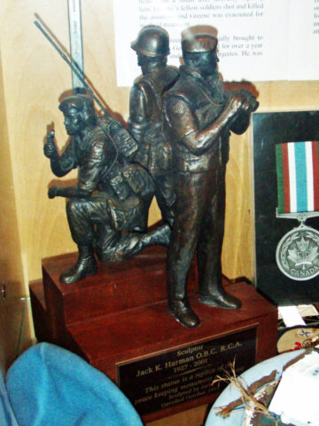Model with three figures on shelf is an artist's original limited run for family. The full sized statues are on the Peacekeeping Monument in Ottawa. It is called "Reconcilliation" by Jack Harman. Model with three figures on shelf is an artist's original limited run for family. The full sized statues are on the Peacekeeping Monument in Ottawa. It is called "Reconcilliation" by Jack Harman.
