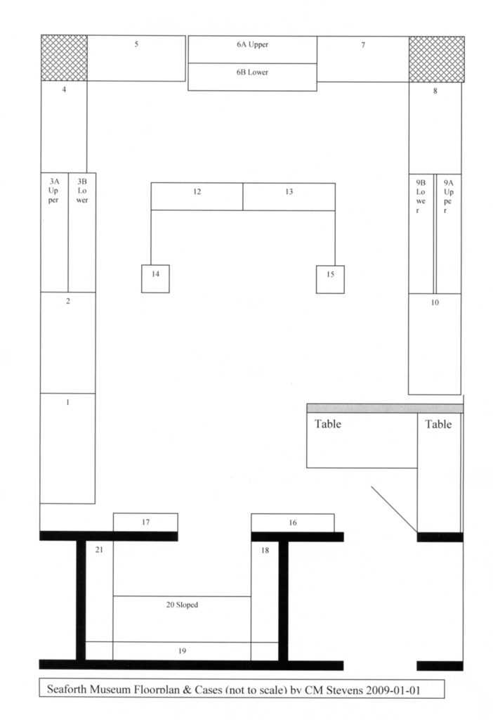 Floorplan of the old Seaforth Museum showing numbers of display cases which are keyed to the photos below. Dismantled 2012. 