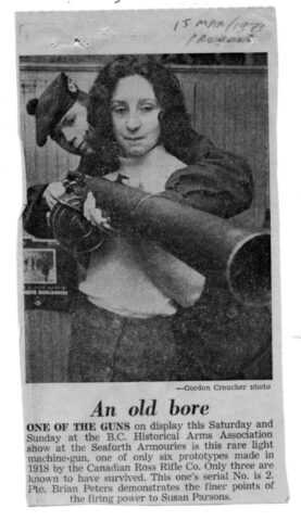 Huot Automatic Rifle Serial number 2. Tested by Major Blair overseas. Held by Pte Sue Parsons. Huot Automatic Rifle Serial number 2. Tested by Major Blair overseas.