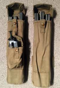 Lanchester magazine pouches pair with Lanchester magazine loader and 6 dummy 5-round magazines made from old Sten mags.