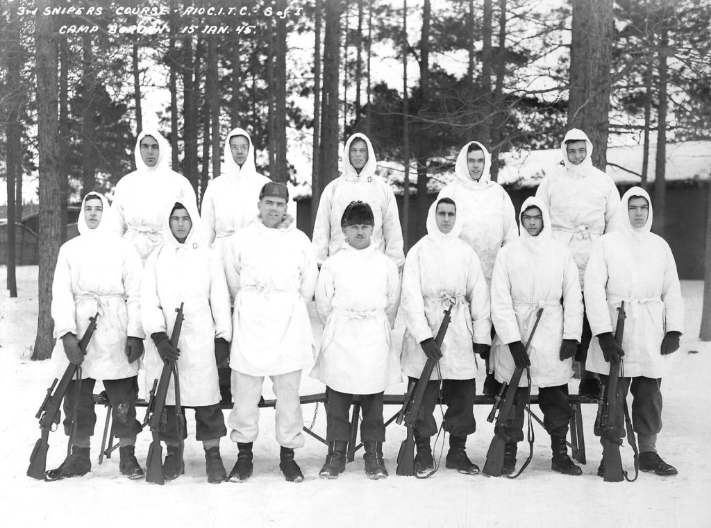 3rd Snipers course - Camp Borden Jan 12 1945. The second rifle from the right is a Scout Sniper's Rifle.