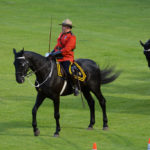 The Officer Commanding the Musical Ride on his black horse with his sword drawn. (D7100a 240)