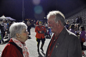 Mrs. Jeanette Stevens speaking with Burnaby Mayor Derek Corrigan. As "Miss Brue", she taught his son Sean in Grade 3. Sean is now 6'6" and has visited 65 countries.