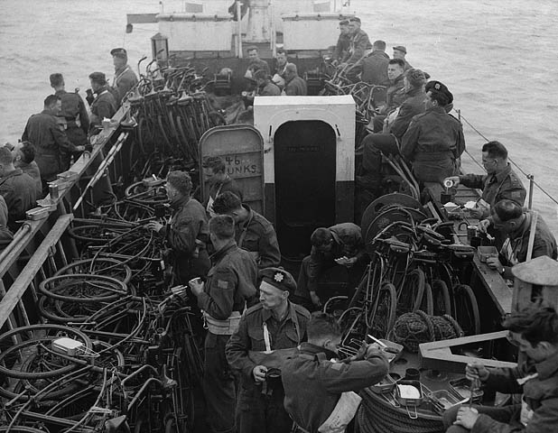 Soliders and bicycles on a landing ship enroute to the D-Day invasion beaches.