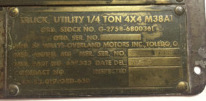 Dataplate set for a U.S. M38A1 Willys Serial Number 12855 made in July 1952