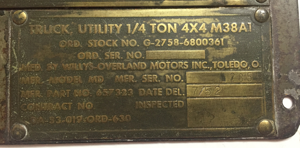 Willys Serial Number Plate