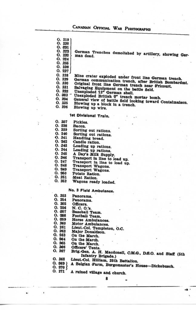 Canadian Official War Photographs of WWI INDEX - p. 008 "O" Series O.219 to O.271