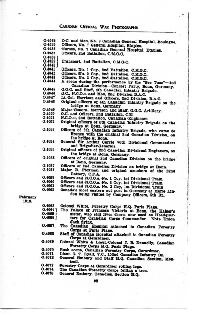 p. 098 Canadian Official War Photographs WWI INDEX - "O" Series O.4034 to O.4075
