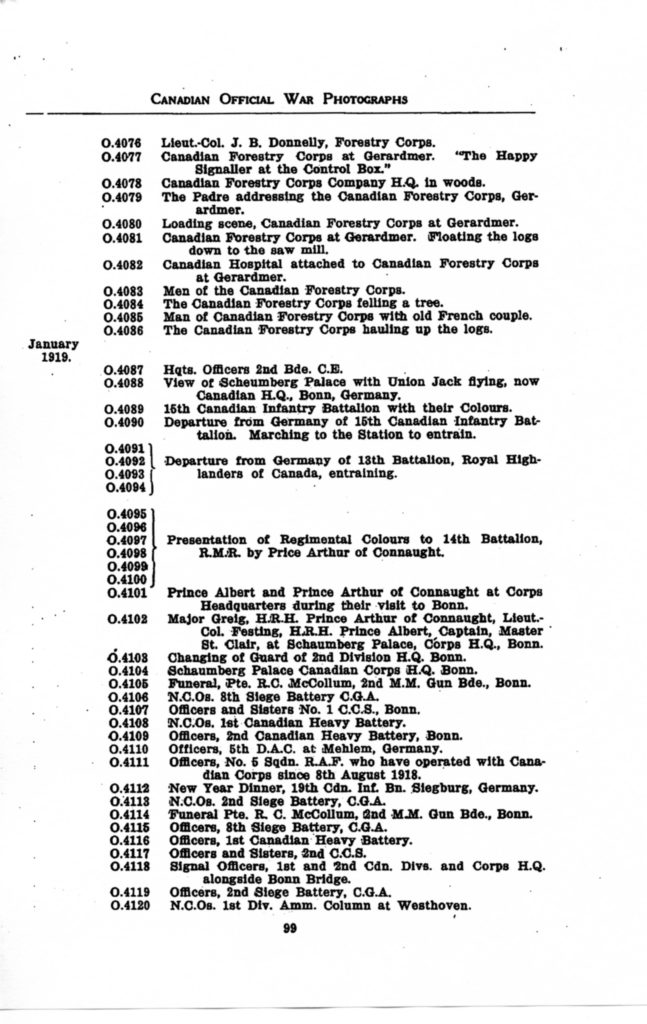 p. 099 Canadian Official War Photographs WWI INDEX - "O" Series O.4076 to O.4120
