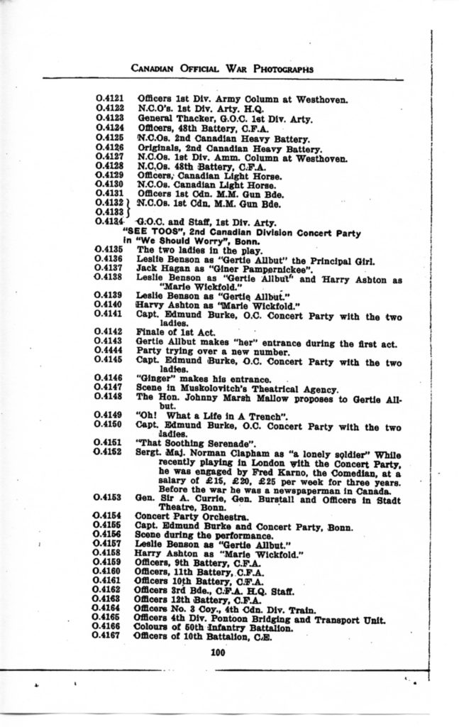 p. 100 Canadian Official War Photographs WWI INDEX - "O" Series O.4121 to O.4167