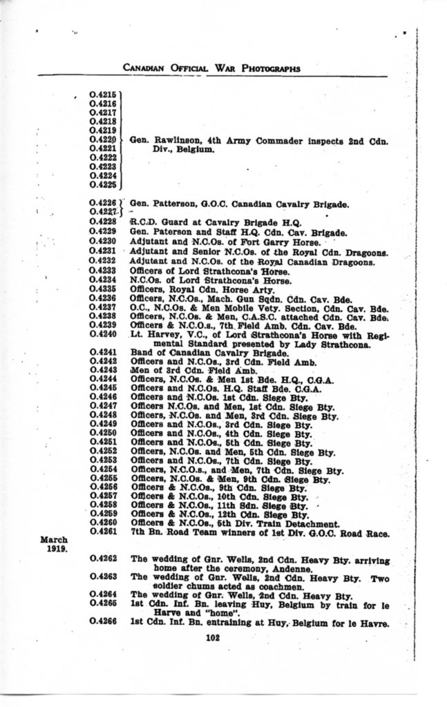 p. 102 Canadian Official War Photographs WWI INDEX - "O" Series O.4215 to O.4266