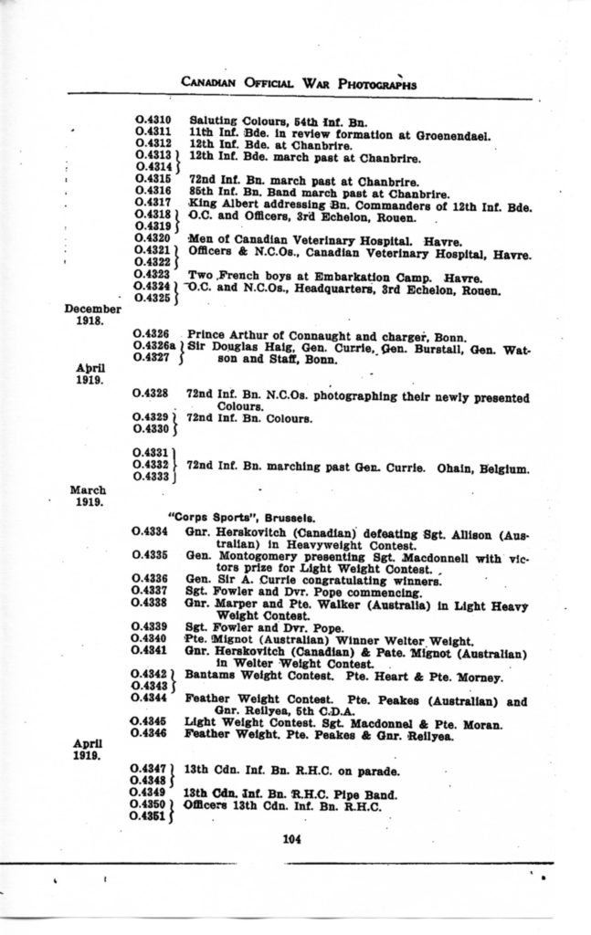 p. 104 Canadian Official War Photographs WWI INDEX - "O" Series O.4310 to O.4351