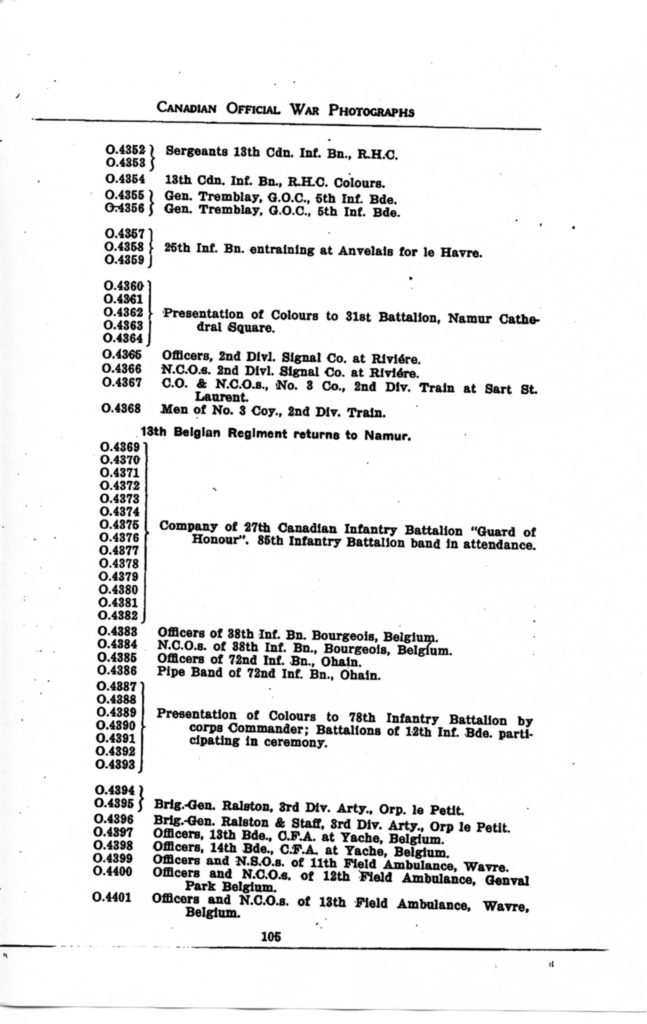 p. 105 Canadian Official War Photographs WWI INDEX - "O" Series O.4353 to O.4401