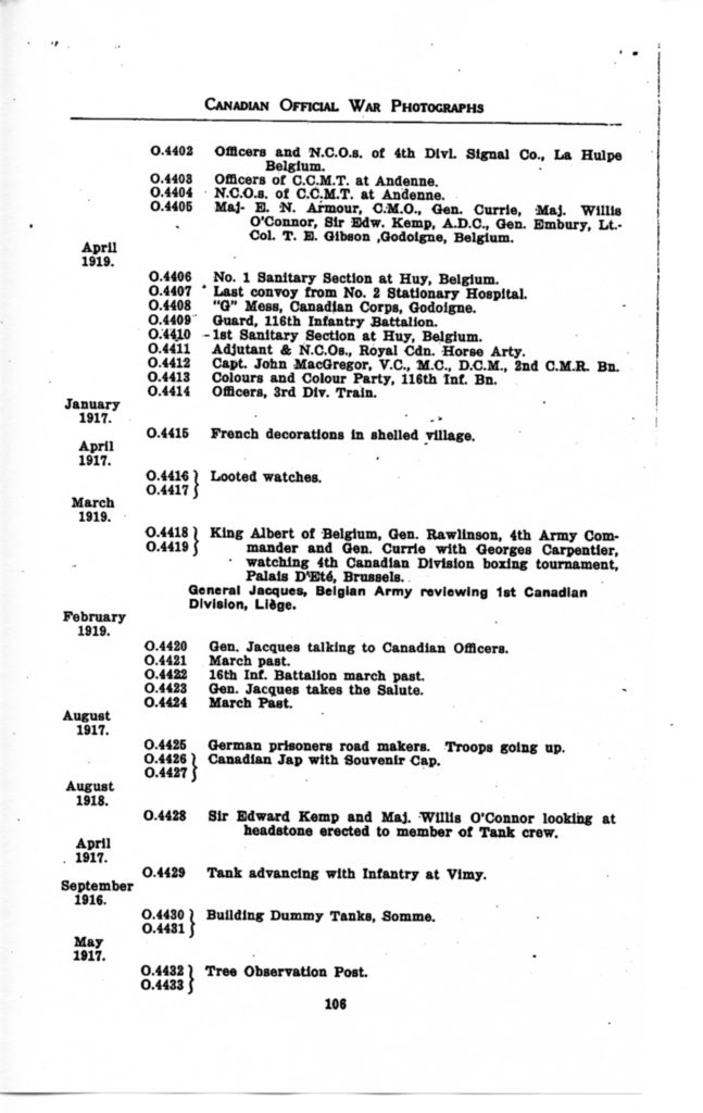 p. 106 Canadian Official War Photographs WWI INDEX - "O" Series O.4402 to O.4433