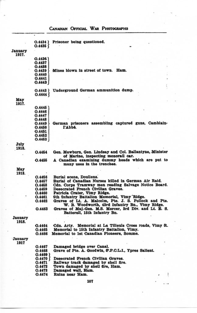 p. 107 Canadian Official War Photographs WWI INDEX - "O" Series O.4434 to O.4474