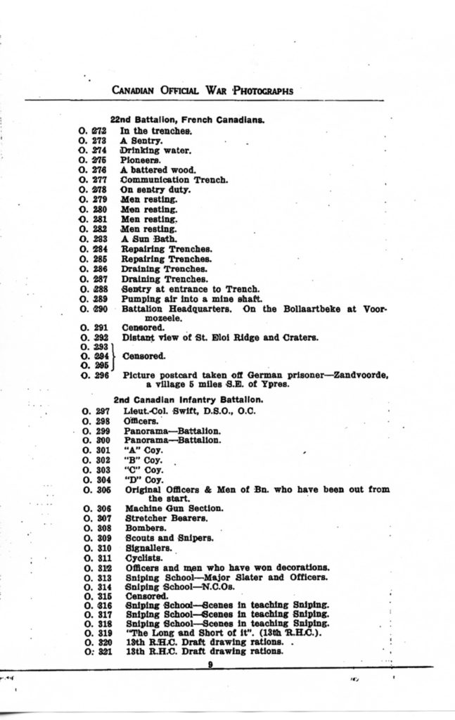 Canadian Official War Photographs of WWI INDEX - p. 009 "O" Series O.272 to O.321