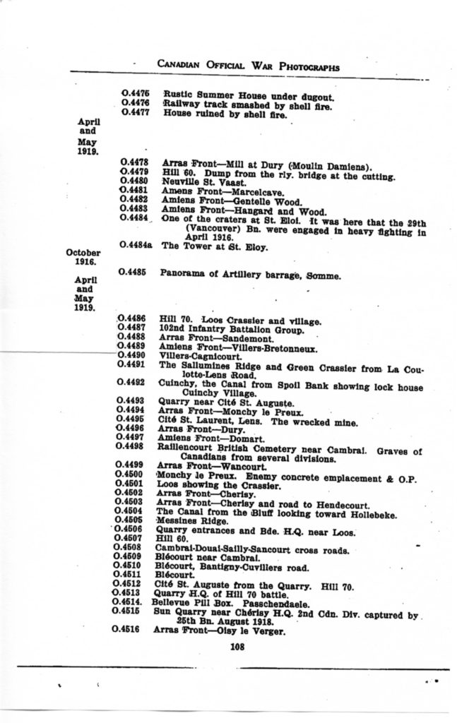 p. 108 Canadian Official War Photographs WWI INDEX - "O" Series O.4475 to O.4516