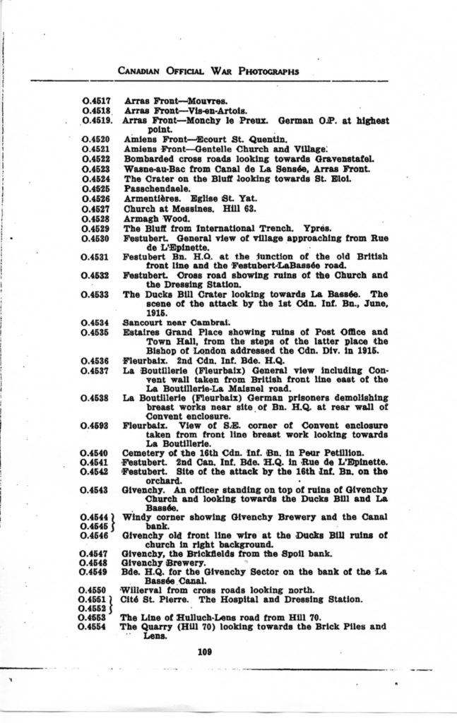 p. 109 Canadian Official War Photographs WWI INDEX - "O" Series O.4517 to O.4554
