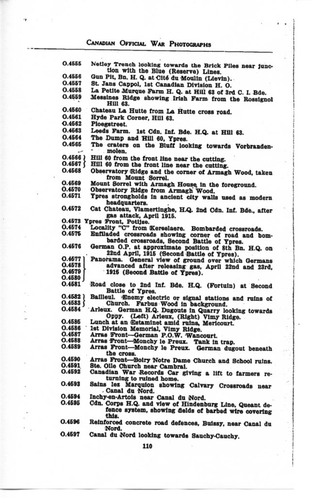 p. 110 Canadian Official War Photographs WWI INDEX - "O" Series O.4555 to O.4597