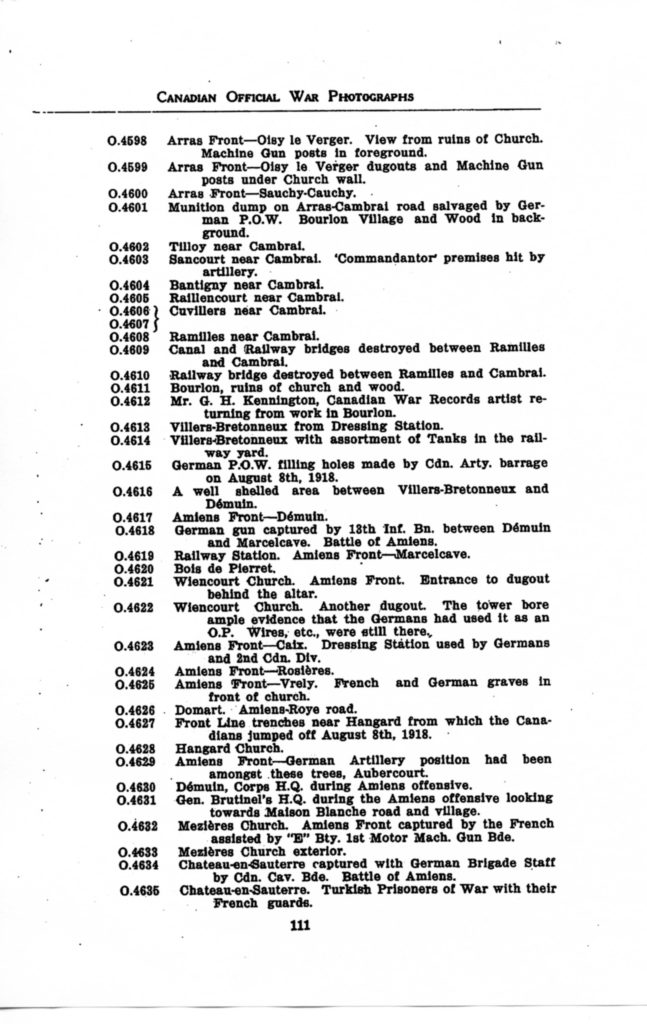 p. 111 Canadian Official War Photographs WWI INDEX - "O" Series O.4598 to O.4635