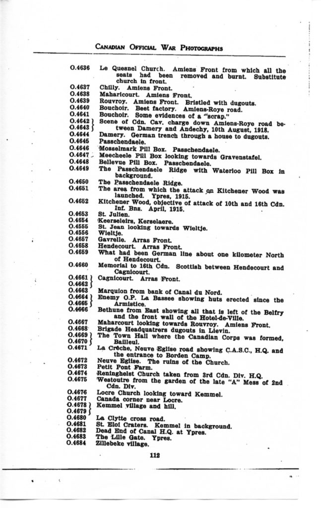 p. 112 Canadian Official War Photographs WWI INDEX - "O" Series O.4636 to O.4684